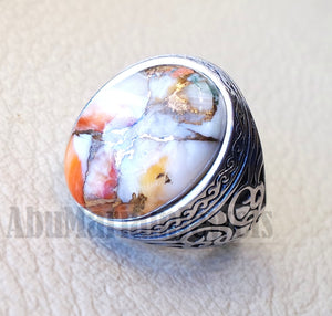 copper oyster man ring natural stone sterling silver 925 oval cabochon semi precious gem ottoman arabic style all sizes jewelry