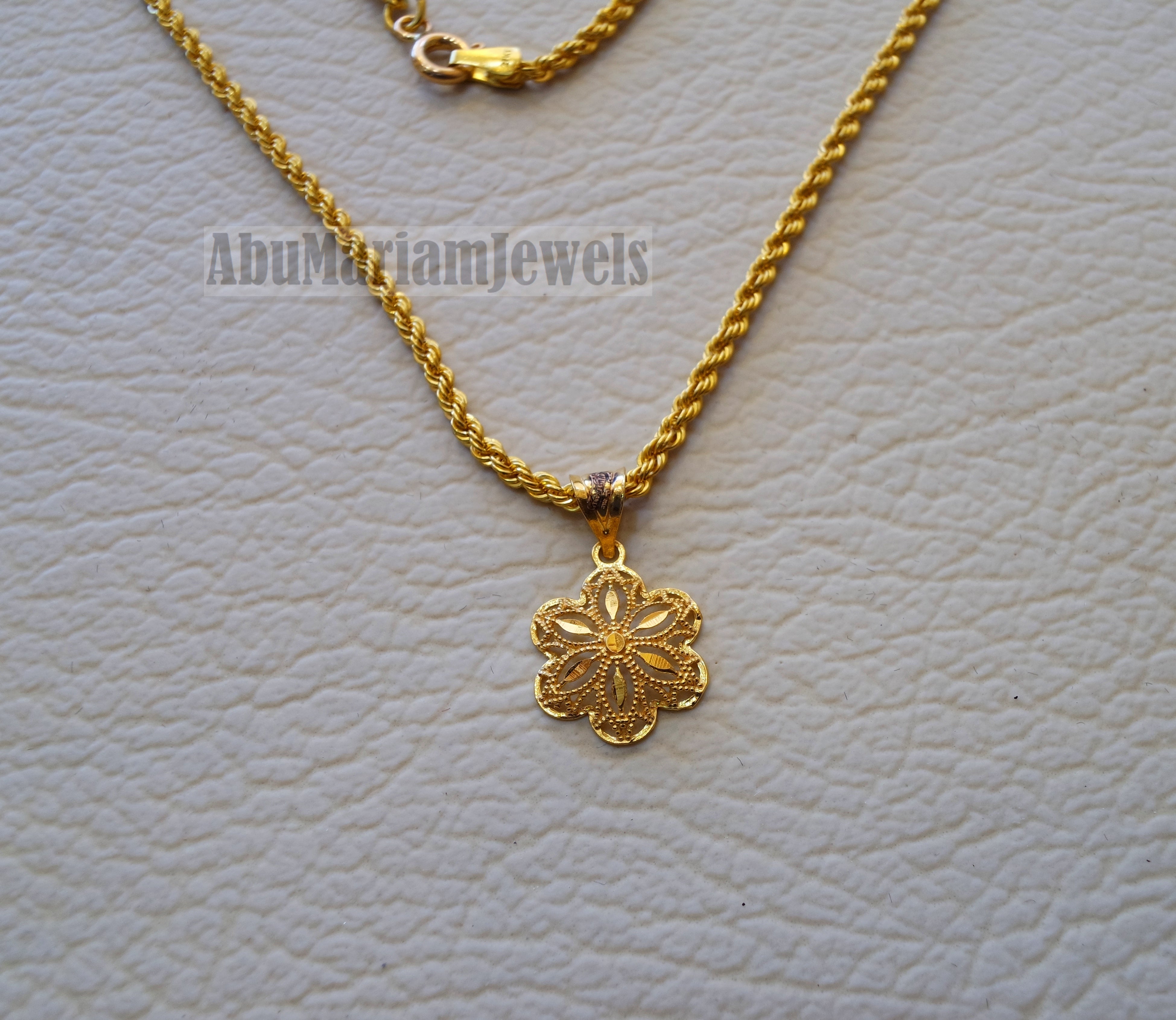 21K gold flower pendant with rope chain gold jewelry 16 and 20 inches fast shipping with gift box valentine , Anniversary , birthday gift
