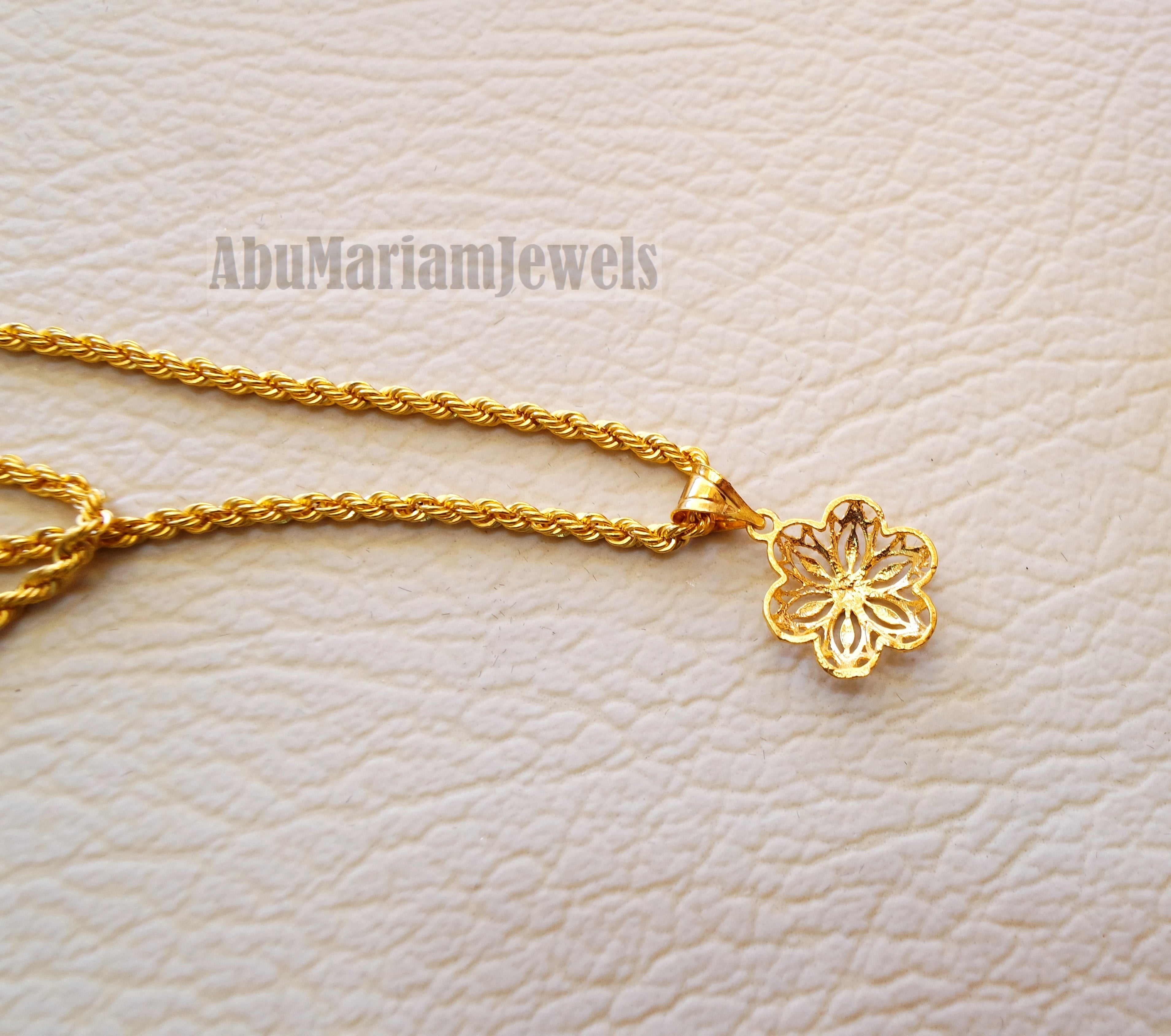 21K gold flower pendant with rope chain gold jewelry 16 and 20 inches fast shipping with gift box valentine , Anniversary , birthday gift