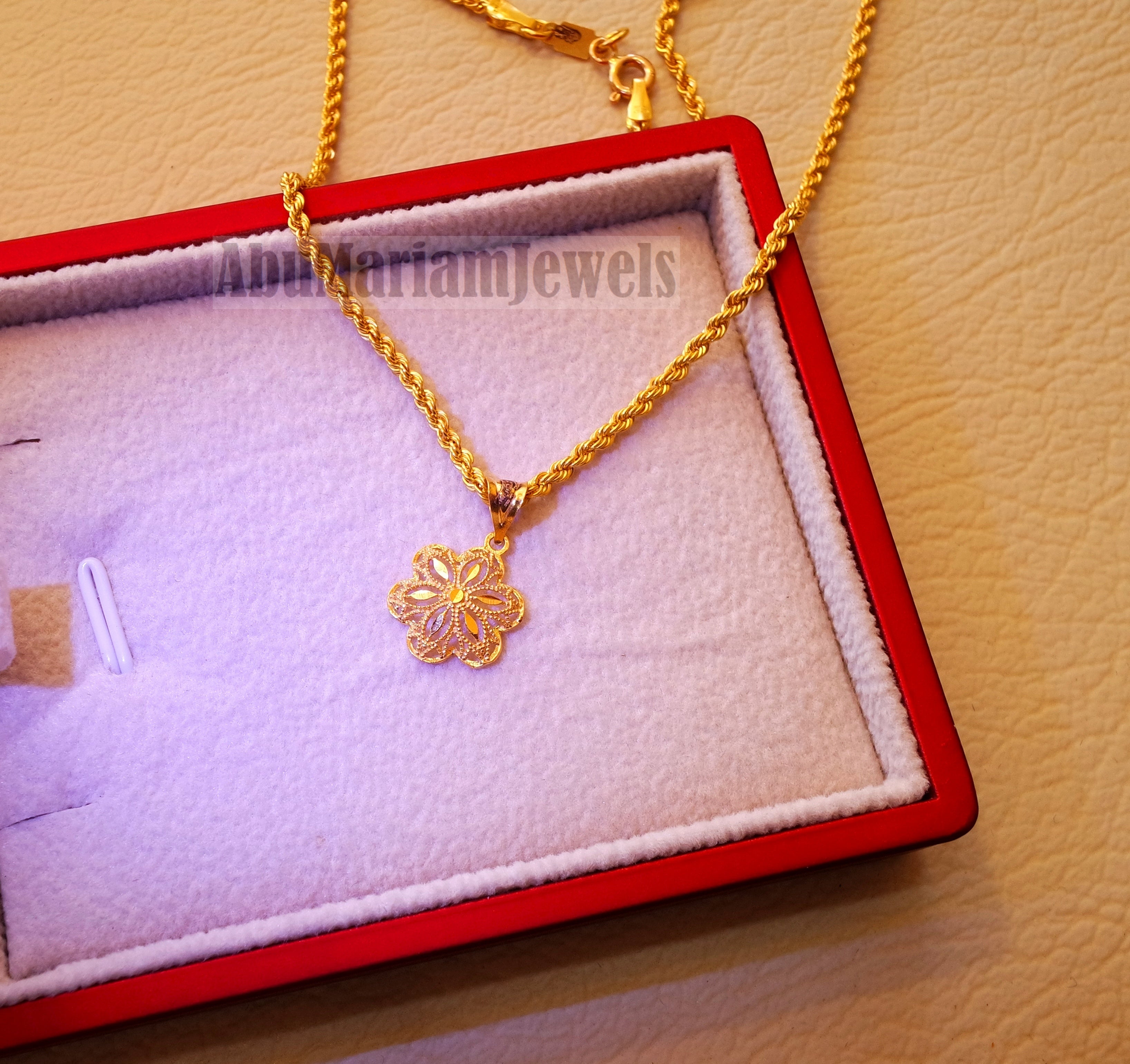 21K gold flower pendant with rope chain gold jewelry 16 and 20 inches fast shipping with gift box valentine , Anniversary , birthday gift