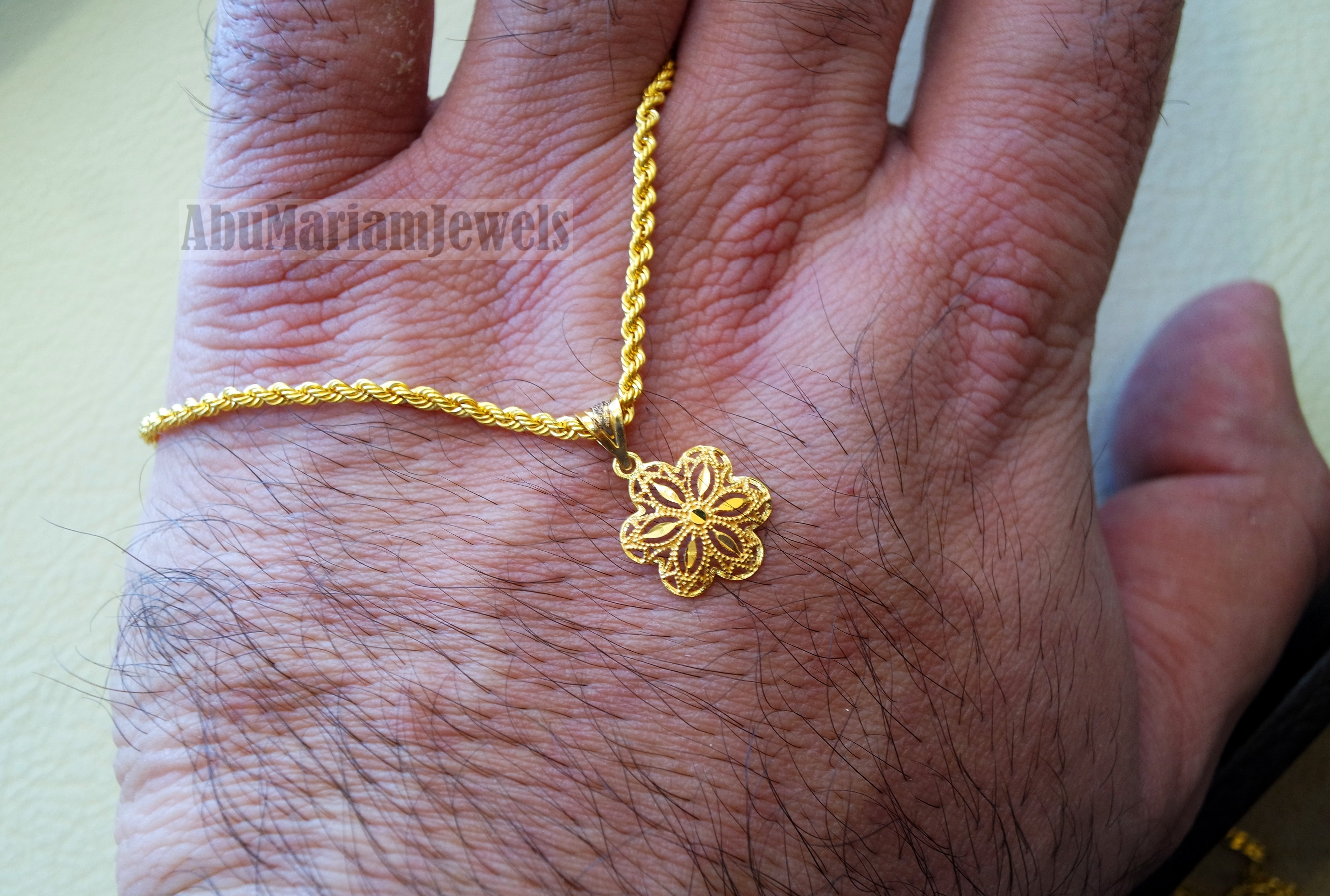 21K gold flower pendant with rope chain gold jewelry 16 and 20 inches fast shipping with gift box valentine , Anniversary , birthday gift
