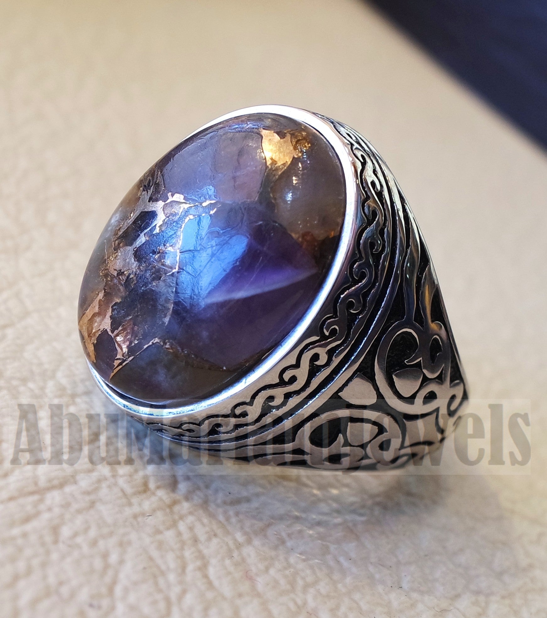 copper amethyst man ring natural purple stone sterling silver 925 oval cabochon semi precious gem ottoman arabic style all sizes jewelry