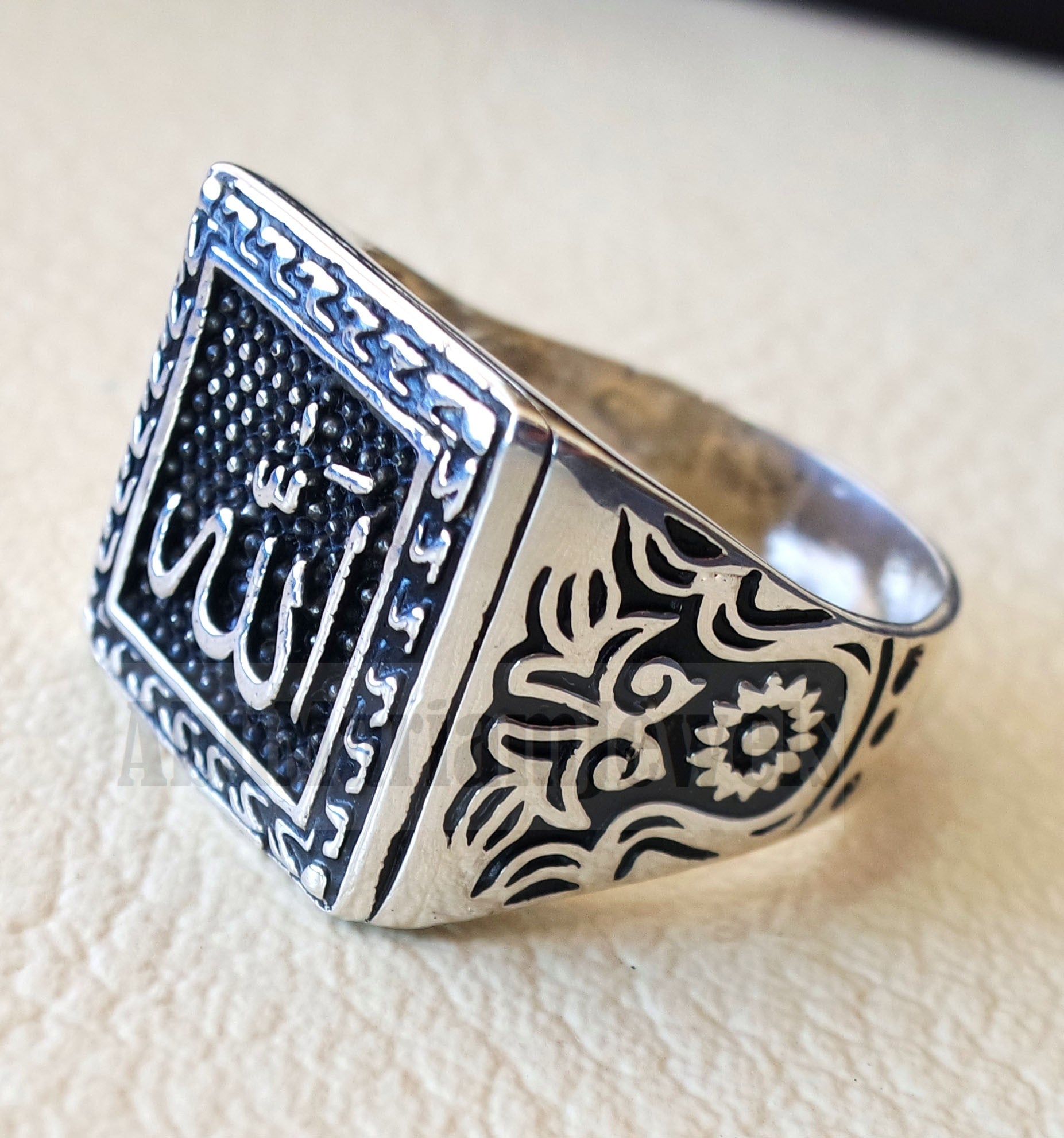 Allah arabic islamic sterling silver 925 man ring all sizes square face arab middle eastern turkey islam الله اسلام لفظ الجلاله