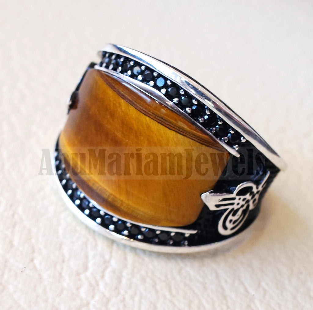 Tiger eye natural flat cushion stone man ring all sizes arabic Ottoman turkey antique style black zircon side setting