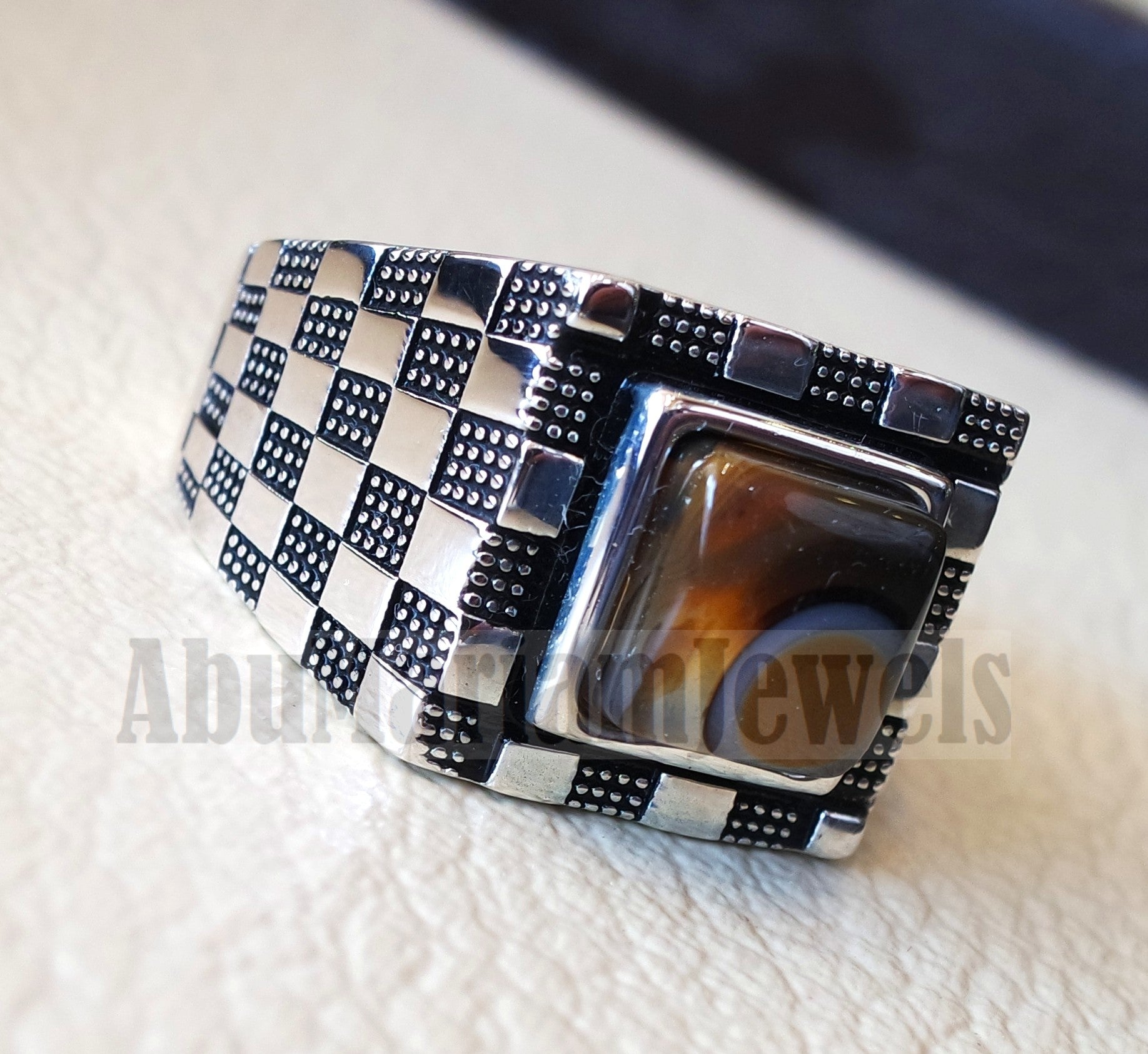 Square Cushion yamani aqeeq natural semi precious multi color agate gemstone men ring sterling silver 925 jewelry all sizes عقيق يماني