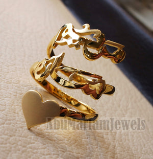 Arabic calligraphy customized 2 names & heart sterling silver 925 or 18 k yellow gold ring fit all sizes any name RE1005 خاتم اسماء عربي