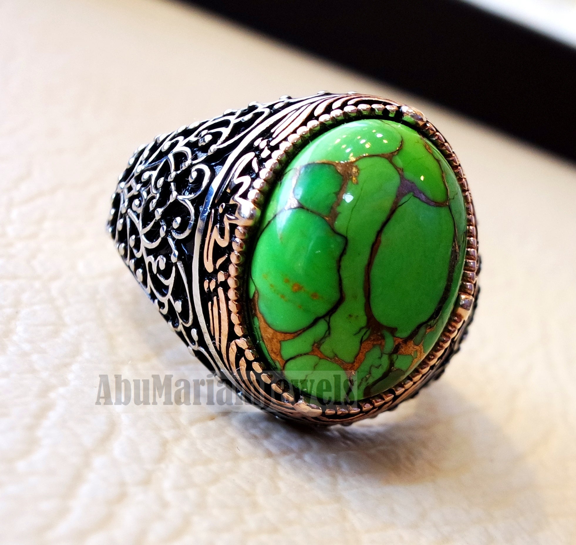 green copper turquoise natural stone men ring sterling silver 925 stunning genuine gem two tone ottoman arabic style jewelry all sizes