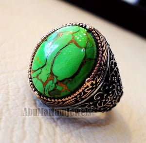 green copper turquoise natural stone men ring sterling silver 925 stunning genuine gem two tone ottoman arabic style jewelry all sizes