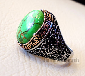 green copper turquoise natural stone men ring sterling silver 925 stunning genuine gem two tone ottoman arabic style jewelry all sizes