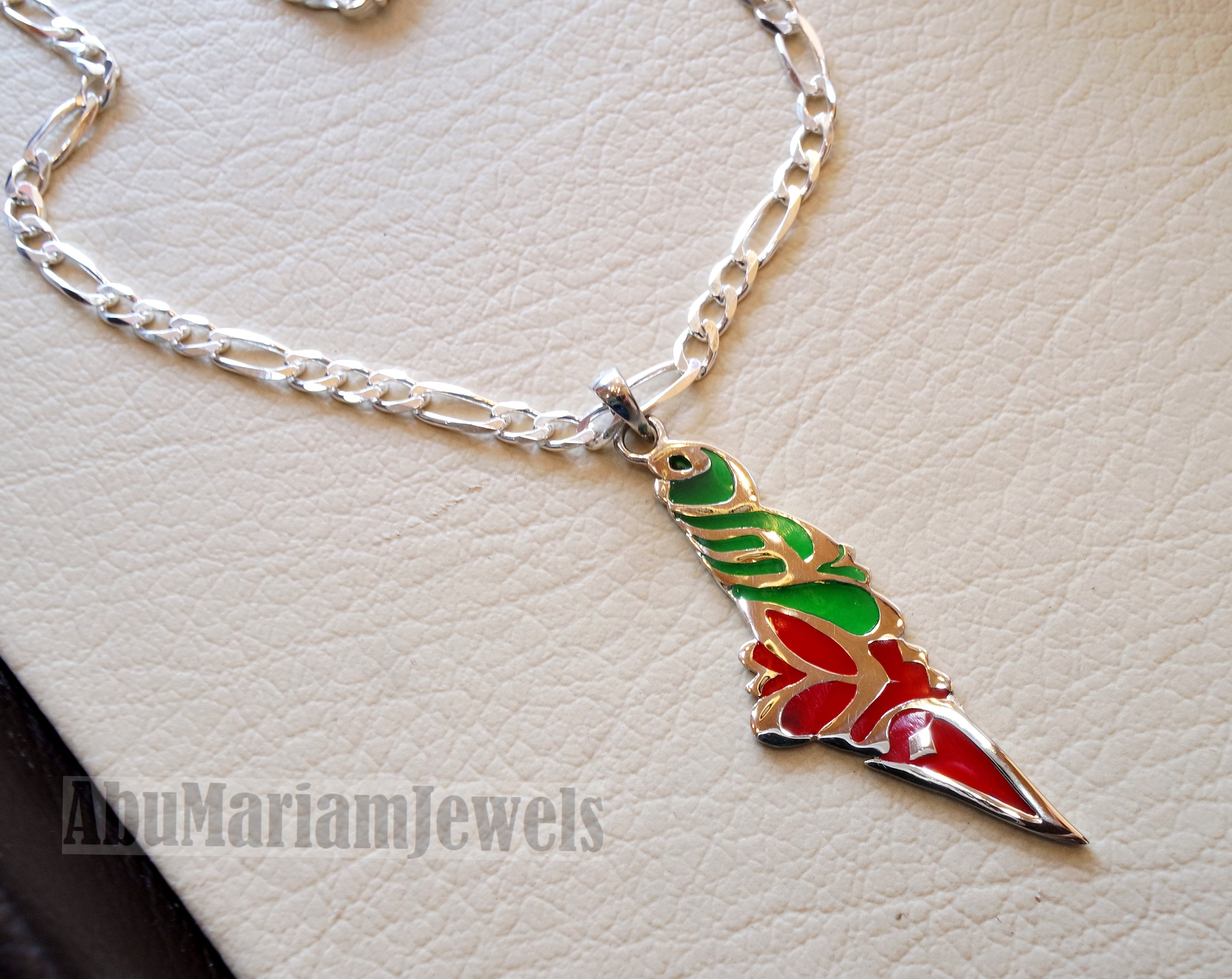Palestine necklace map pendant with thick chain sterling silver 925 colorful enamel jewelry arabic calligraphy fast shipping خارطه فلسطين