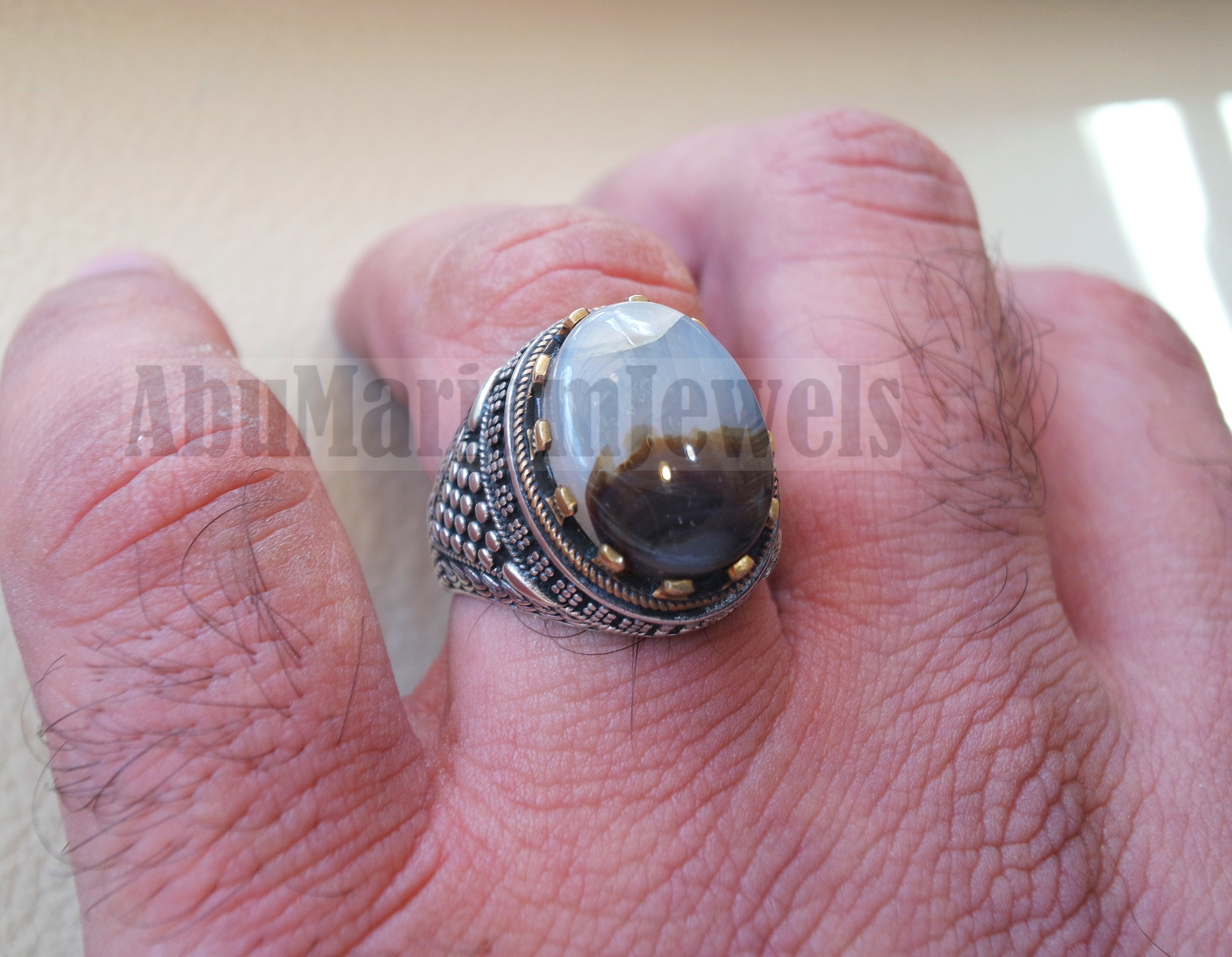 oval yamani aqeeq natural semi precious multi color agate gem men ring sterling silver 925 and bronze jewelry all sizes عقيق يماني 1002