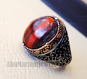 snake skin jasper man ring stone natural gem sterling silver 925 ring red and black oval semi precious cabochon jewelry bronze color frame
