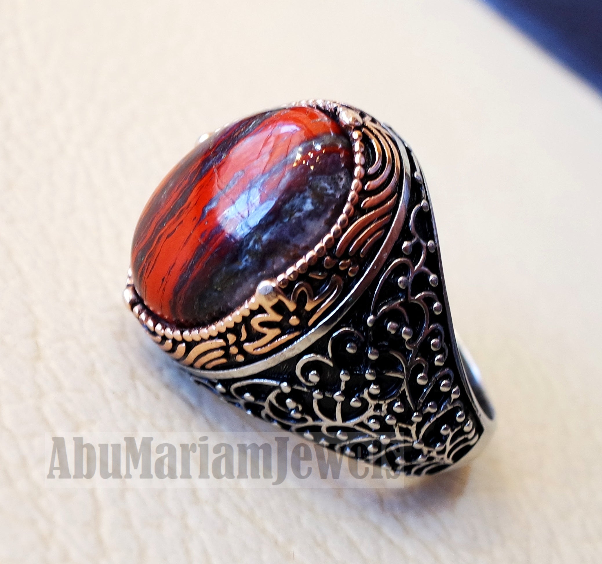 snake skin jasper man ring stone natural gem sterling silver 925 ring red and black oval semi precious cabochon jewelry bronze color frame