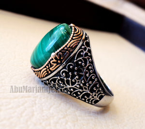 malachite natural green stone sterling silver 925 man ring jewelry bronze frame eastern turkish arabic style oval semi precious cabochon