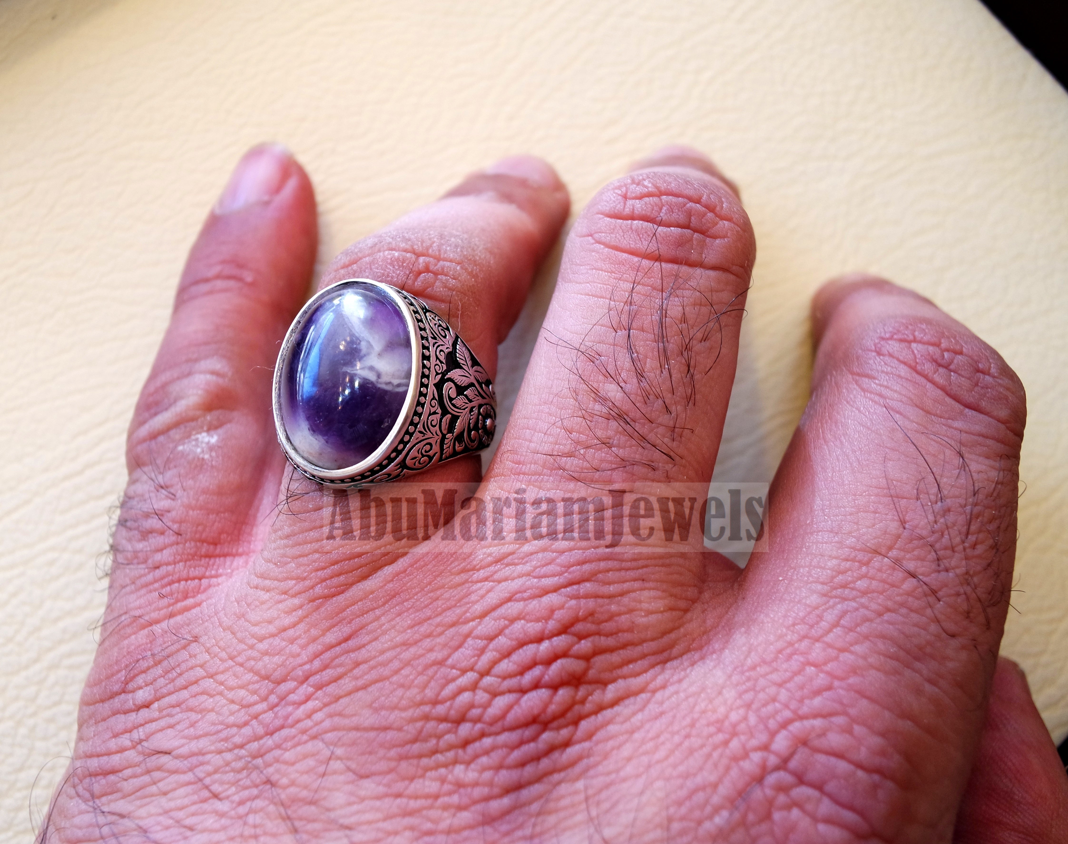 Amethyst agate natural purple stone sterling silver 925 man ring flowers nature ornaments style jewelry oval gem all sizes express shipping
