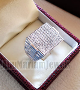 Micro pave square face cubic zirconia white stones diamond style sterling silver 925 heavy men ring all sizes .