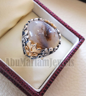 oval yamani aqeeq natural semi precious multi color agate gemstone men ring sterling silver 925 and bronze jewelry all sizes عقيق يماني aq001