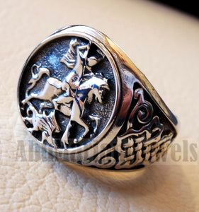 St George's and the dragon heavy man ring round sterling silver 925 historical religious Greek Orthodox Christian all sizes jewelry