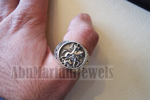 St George's and the dragon heavy man ring round sterling silver 925 historical religious Greek Orthodox Christian all sizes jewelry