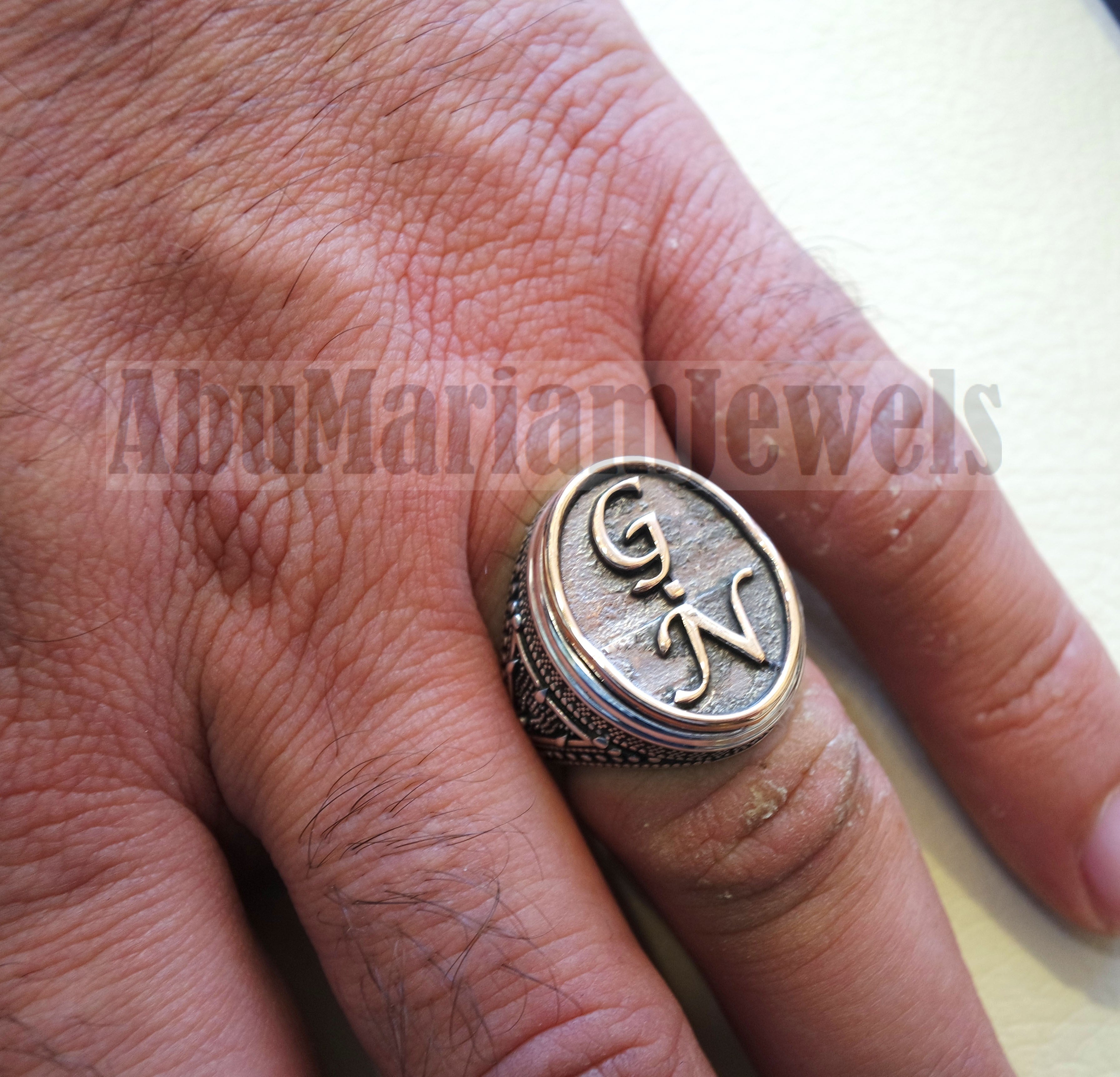 Initials Customized men ring personalized any 2 letters antique jewelry style sterling silver 925 and bronze any size In-1002
