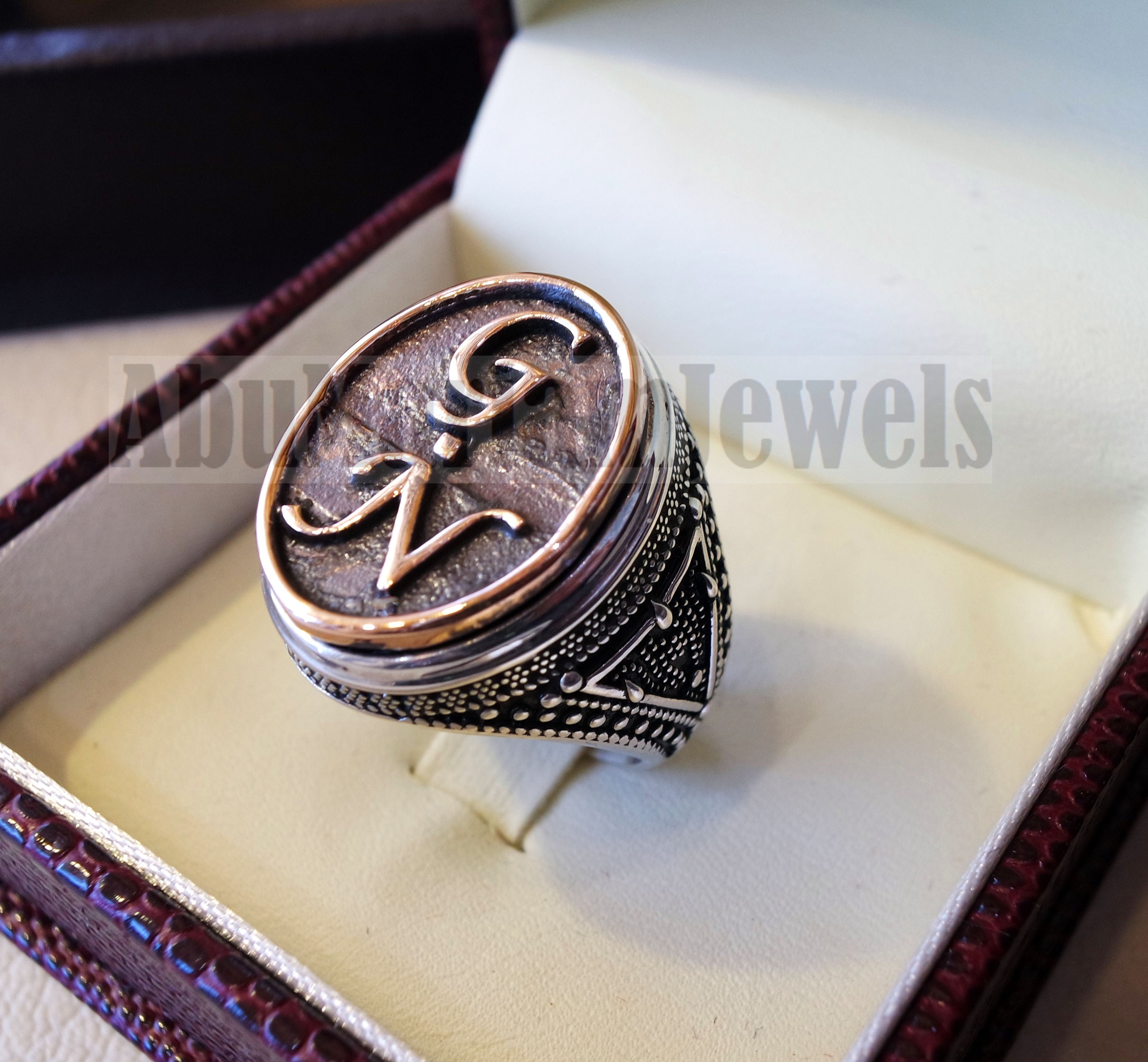 Initials Customized men ring personalized any 2 letters antique jewelry style sterling silver 925 and bronze any size In-1002
