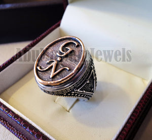 Initials Customized men ring personalized any 2 letters antique jewelry style sterling silver 925 and bronze any size In-1002