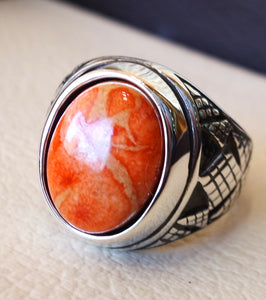 Sponge coral Murjan  heavy men ring orange to red natural stone sterling silver 925 ottoman turkish style all sizes  fast shipping مرجان