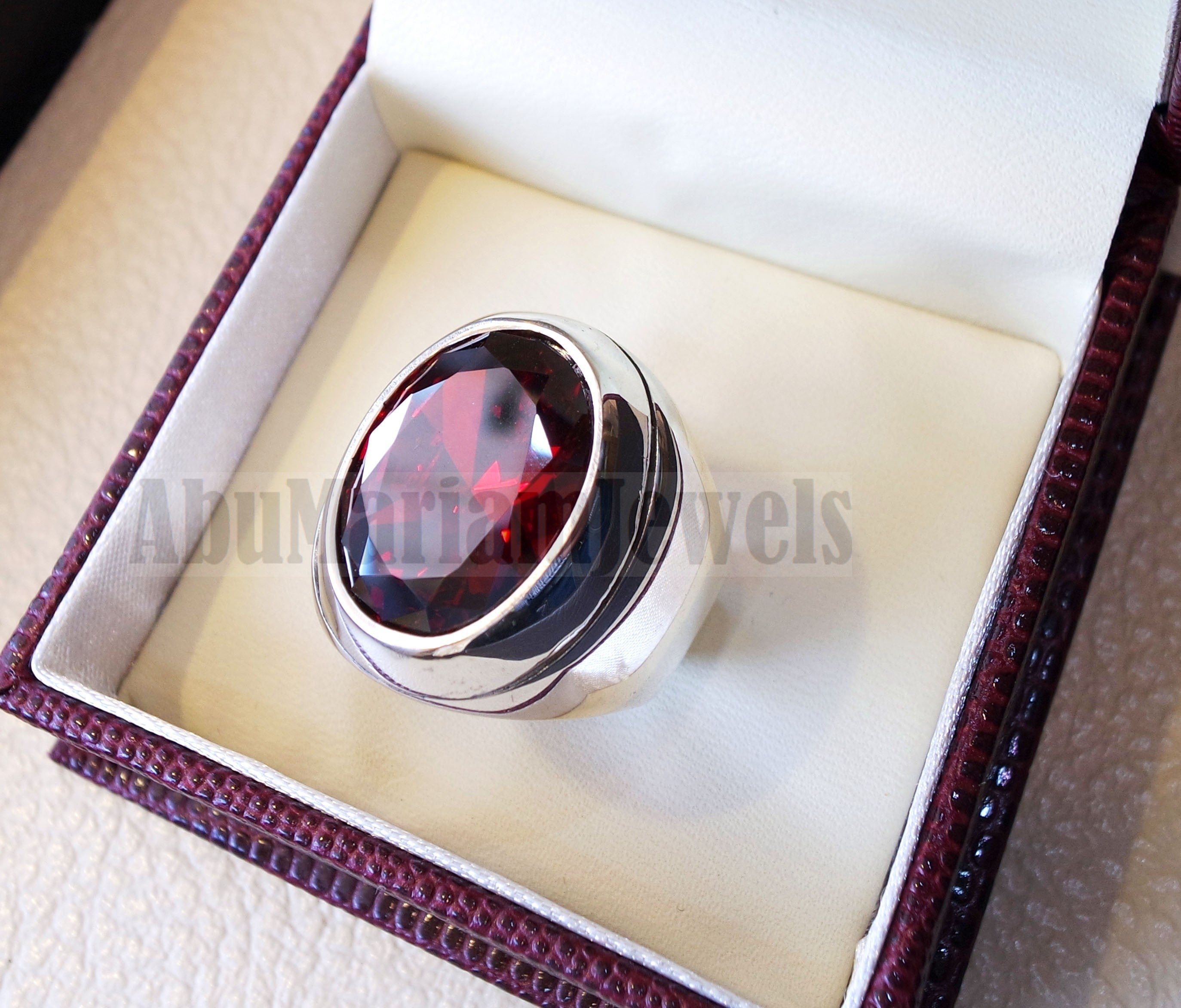 garnet identical synthetic stone high quality cubic zircon red color huge heavy men ring sterling silver 925 any size ottoman jewelry