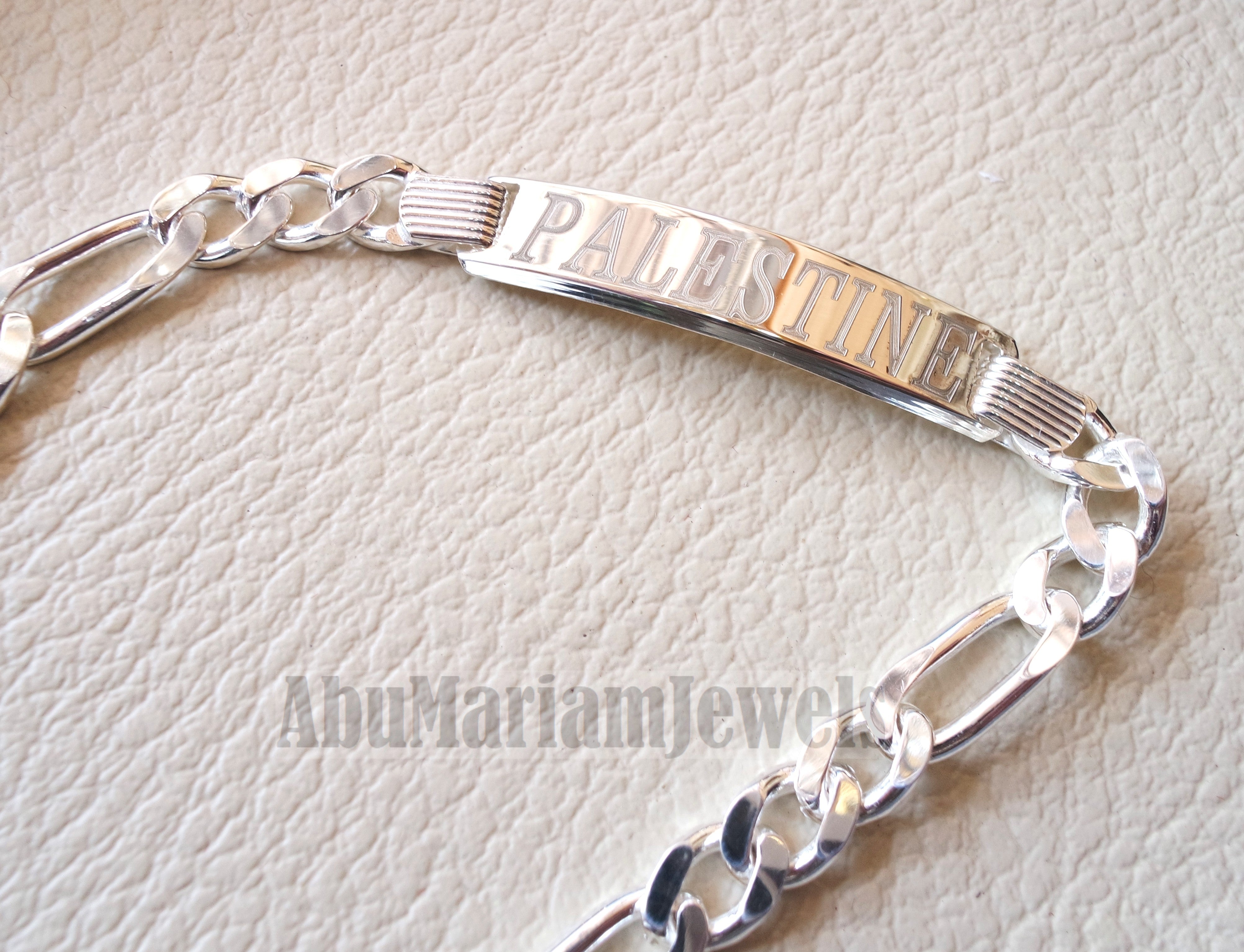 Men silver bracelet Palestine laser engraving or any personalized name sterling silver 925 man gift with nice box , chain and plate style