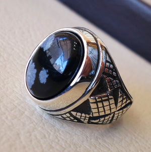 Snowflake obsidian black aqeeq heavy man ring natural stone sterling silver 925 vintage turkish style all sizes fast shipping