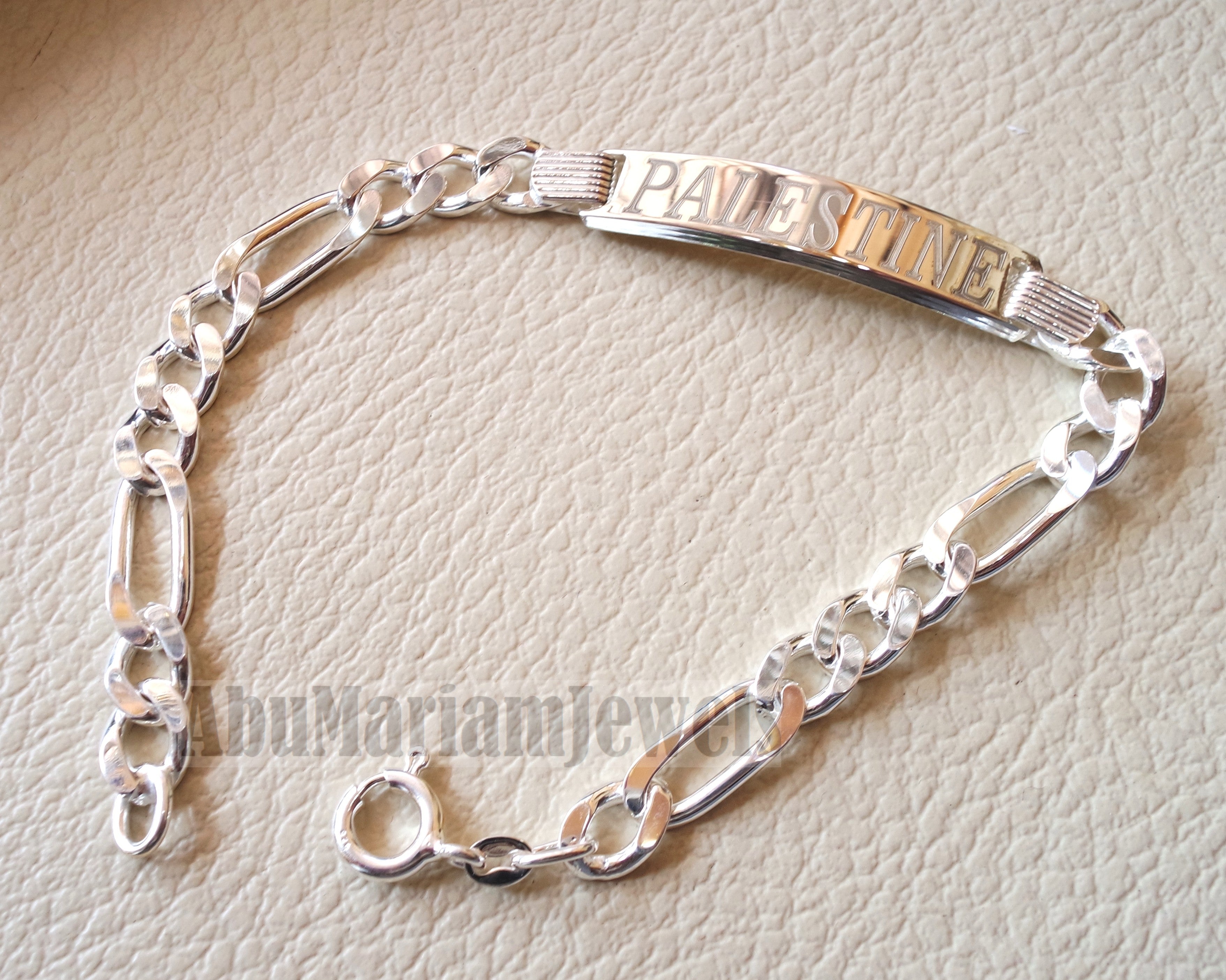 Men silver bracelet Palestine laser engraving or any personalized name sterling silver 925 man gift with nice box , chain and plate style