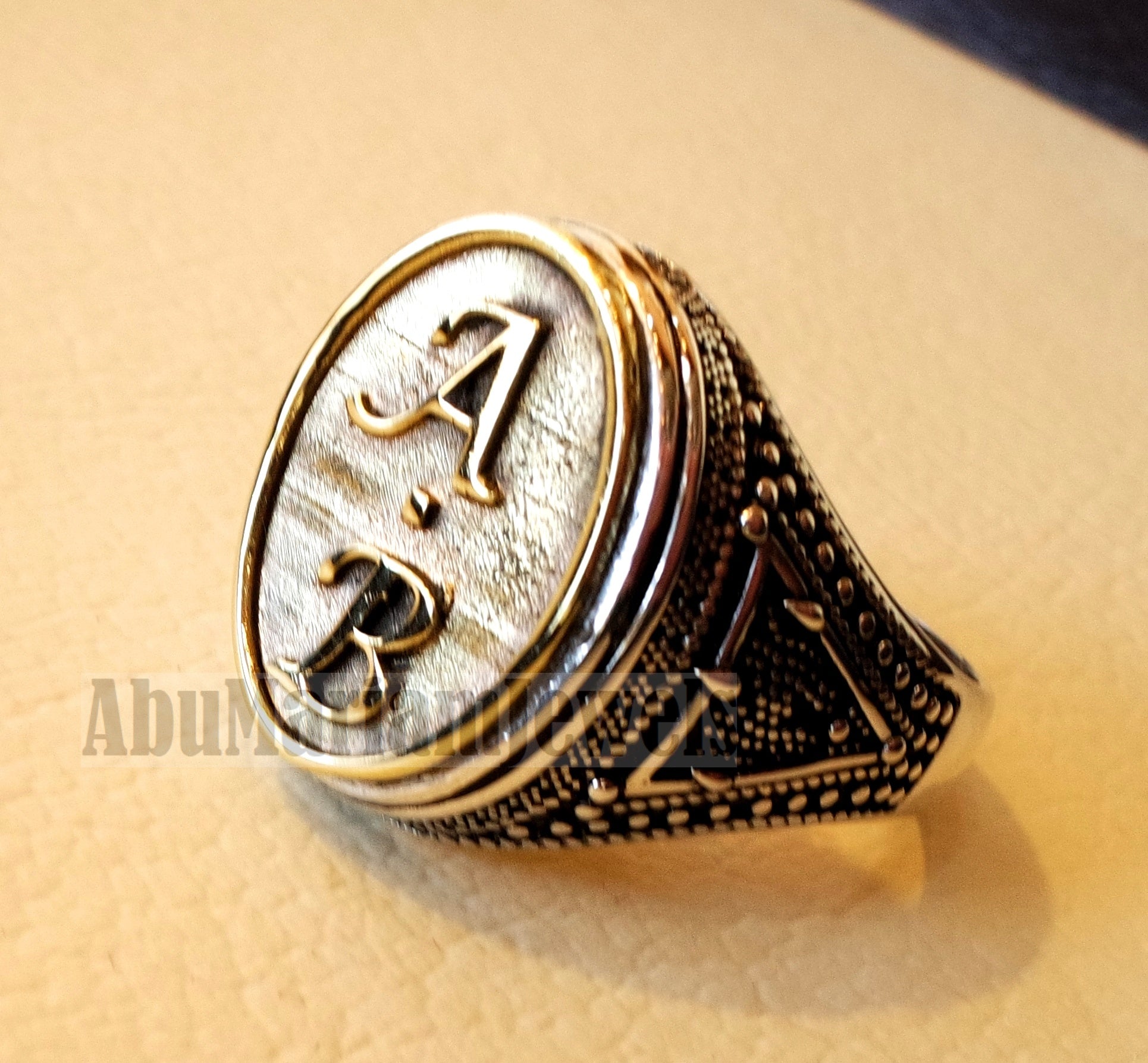 Initials Customized men ring personalized any 2 letters antique jewelry style sterling silver 925 and bronze any size In-1003