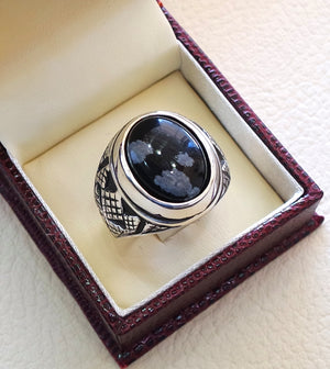 Snowflake obsidian black aqeeq heavy man ring natural stone sterling silver 925 vintage turkish style all sizes fast shipping