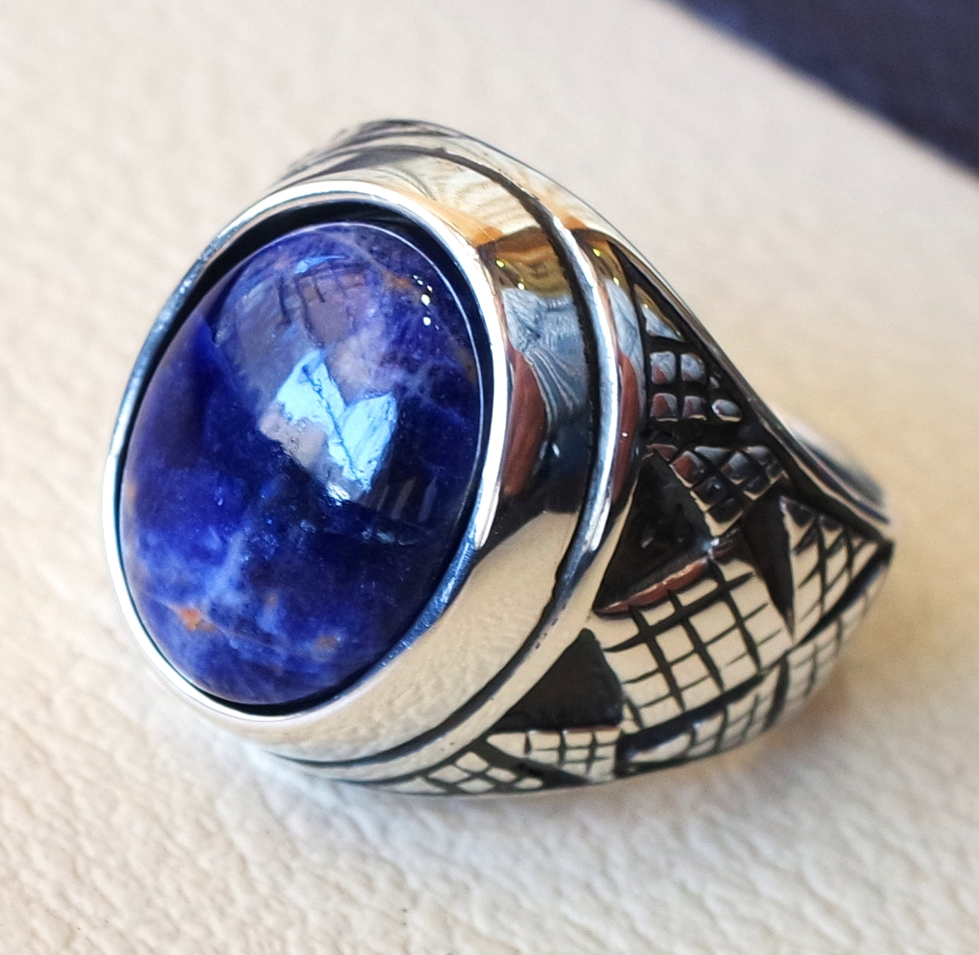 Sodalite natural stone dark royal blue men ring sterling silver 925 stunning genuine gem two ottoman arabic style jewelry all sizes