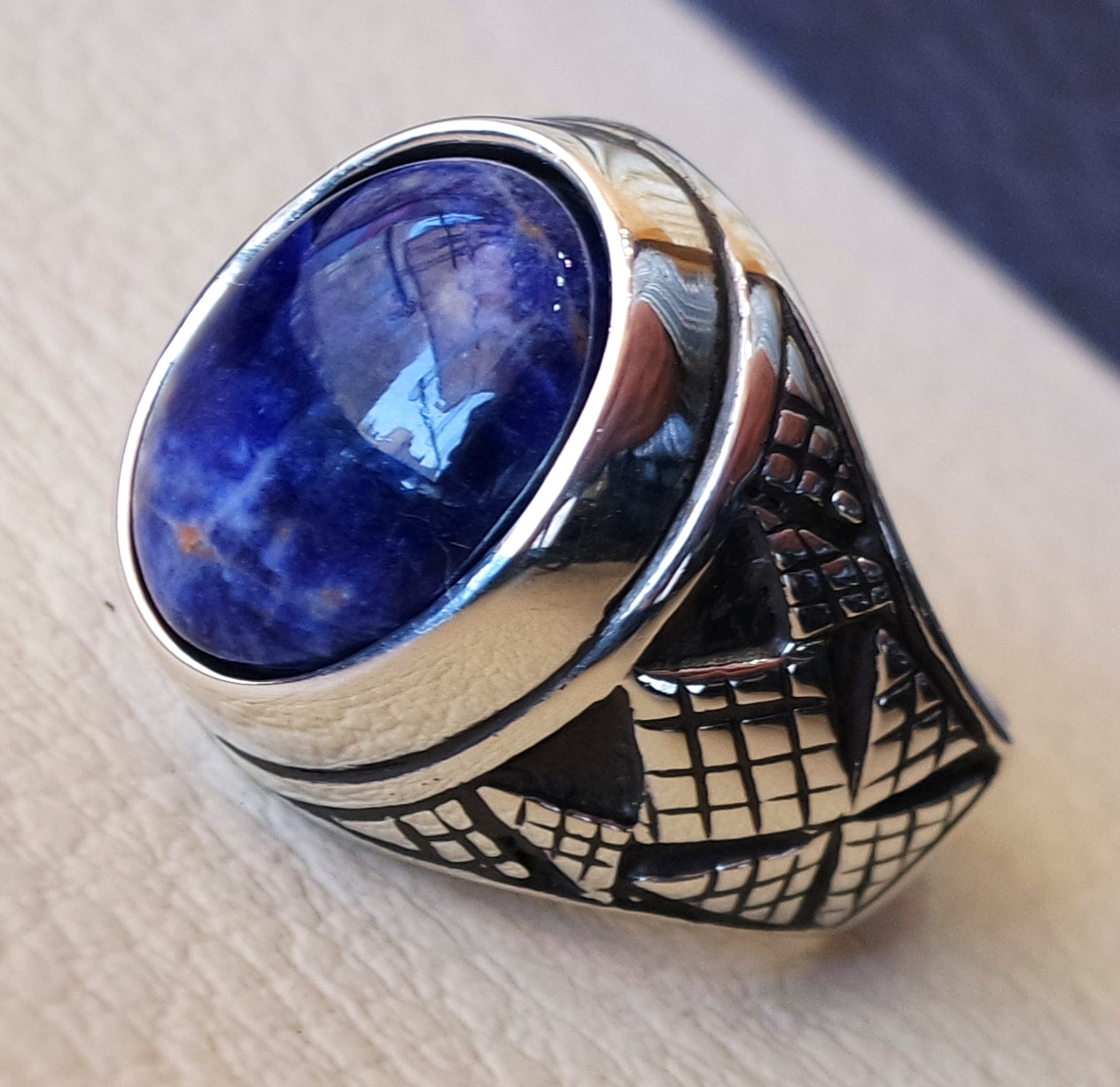 Sodalite natural stone dark royal blue men ring sterling silver 925 stunning genuine gem two ottoman arabic style jewelry all sizes