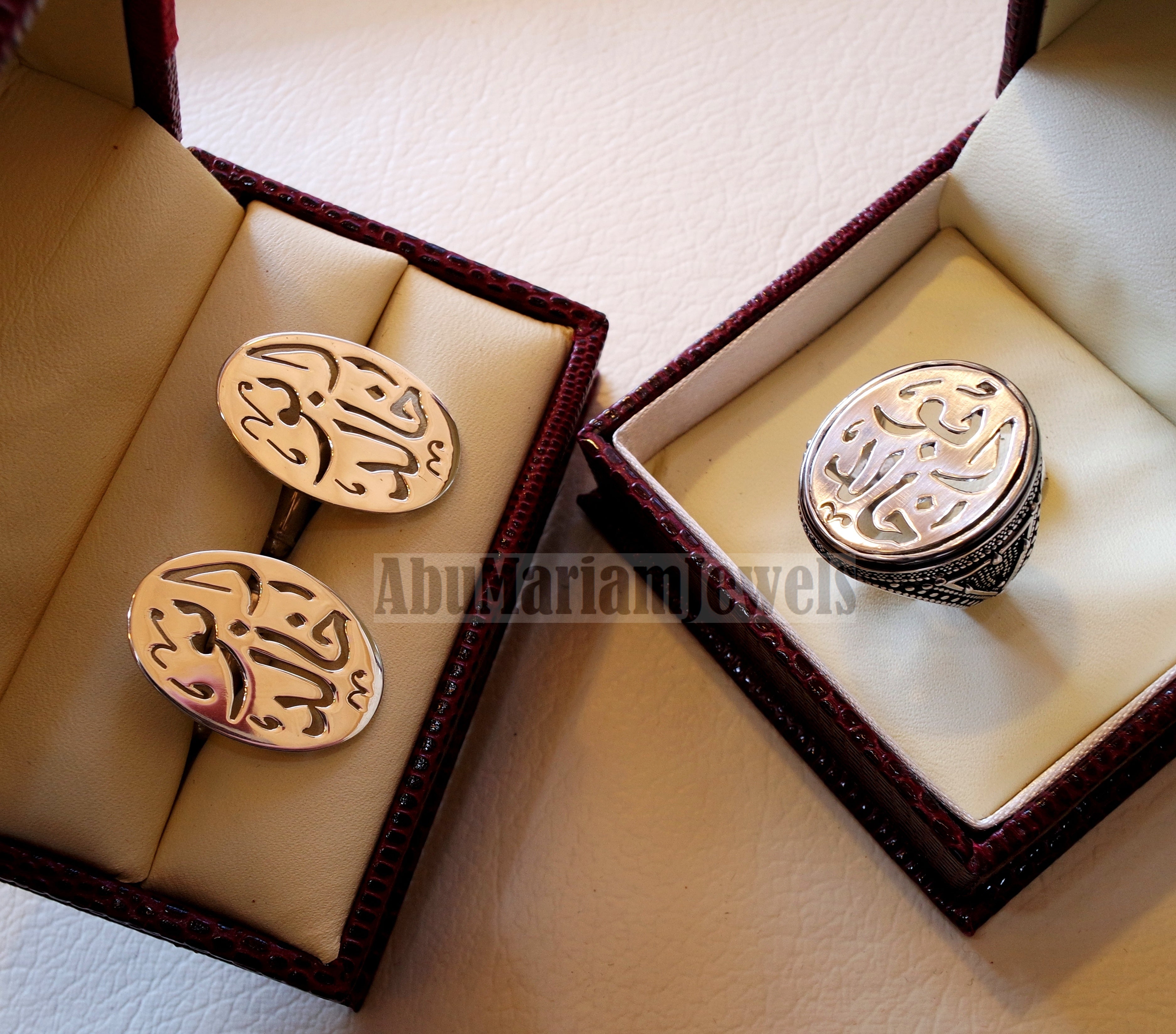 Man set , cufflinks and ring name of two words each calligraphy arabic customized made to order sterling silver 925 heavy men jewelry MS001