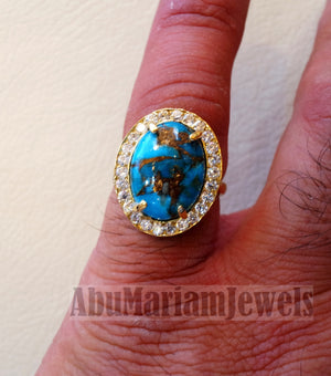 Women 18K gold naural copper turquoise ladies ring cabochon oval stone all sizes jewelry classic style white cubic zircon around
