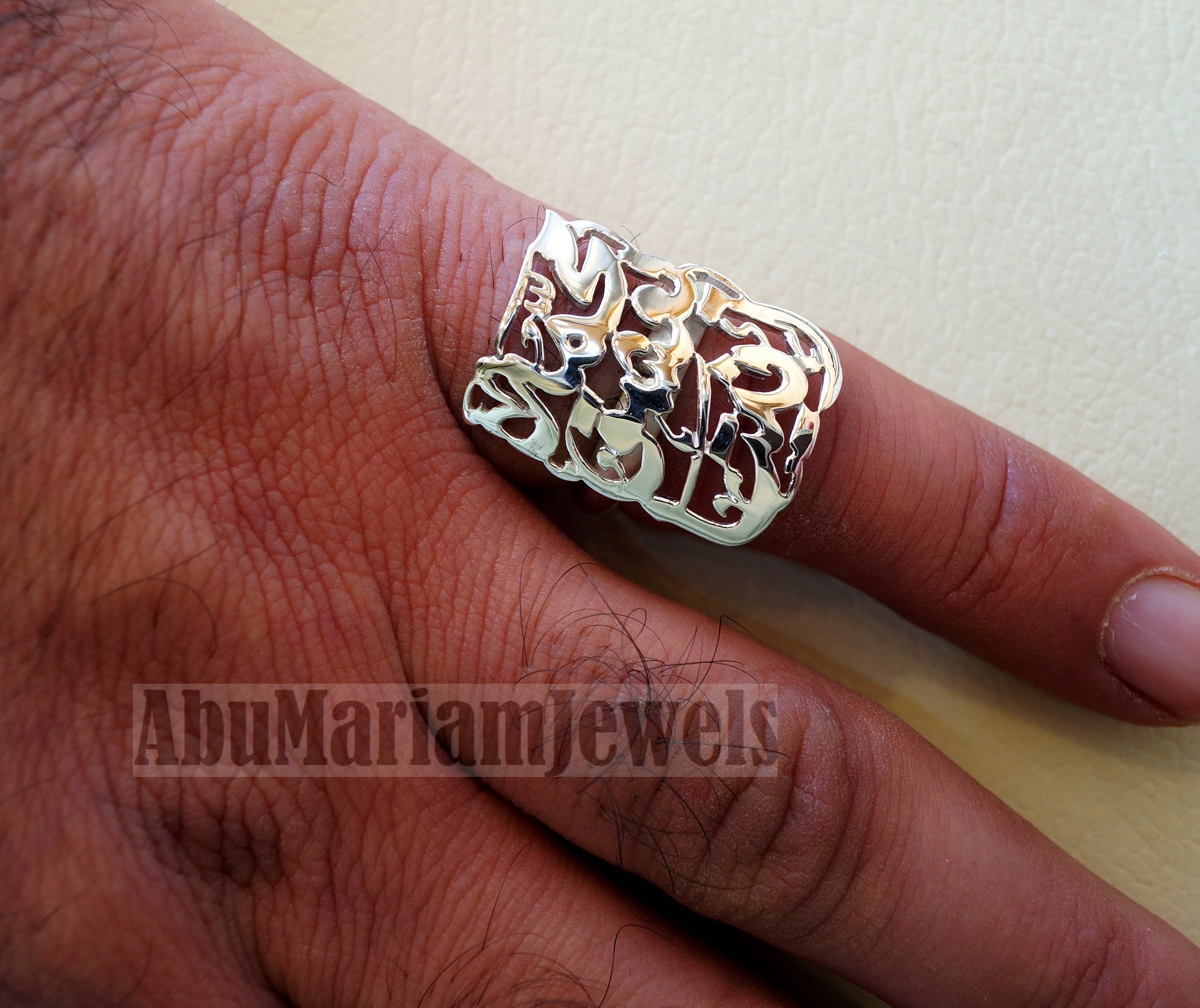 Arabic calligraphy customized 2 - 4 names / phrase sterling silver 925 or 18 k yellow gold ring , fit all sizes any name خاتم اسماء عربي RE1008