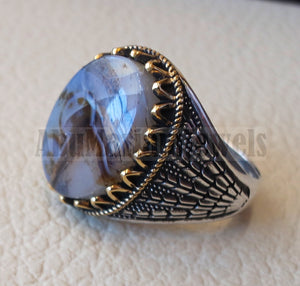 Oval yamani aqeeq natural semi precious multi color agate gem men ring sterling silver 925 and bronze jewelry all sizes  1007 عقيق يماني