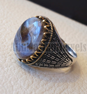 Oval yamani aqeeq natural semi precious multi color agate gem men ring sterling silver 925 and bronze jewelry all sizes  1007 عقيق يماني