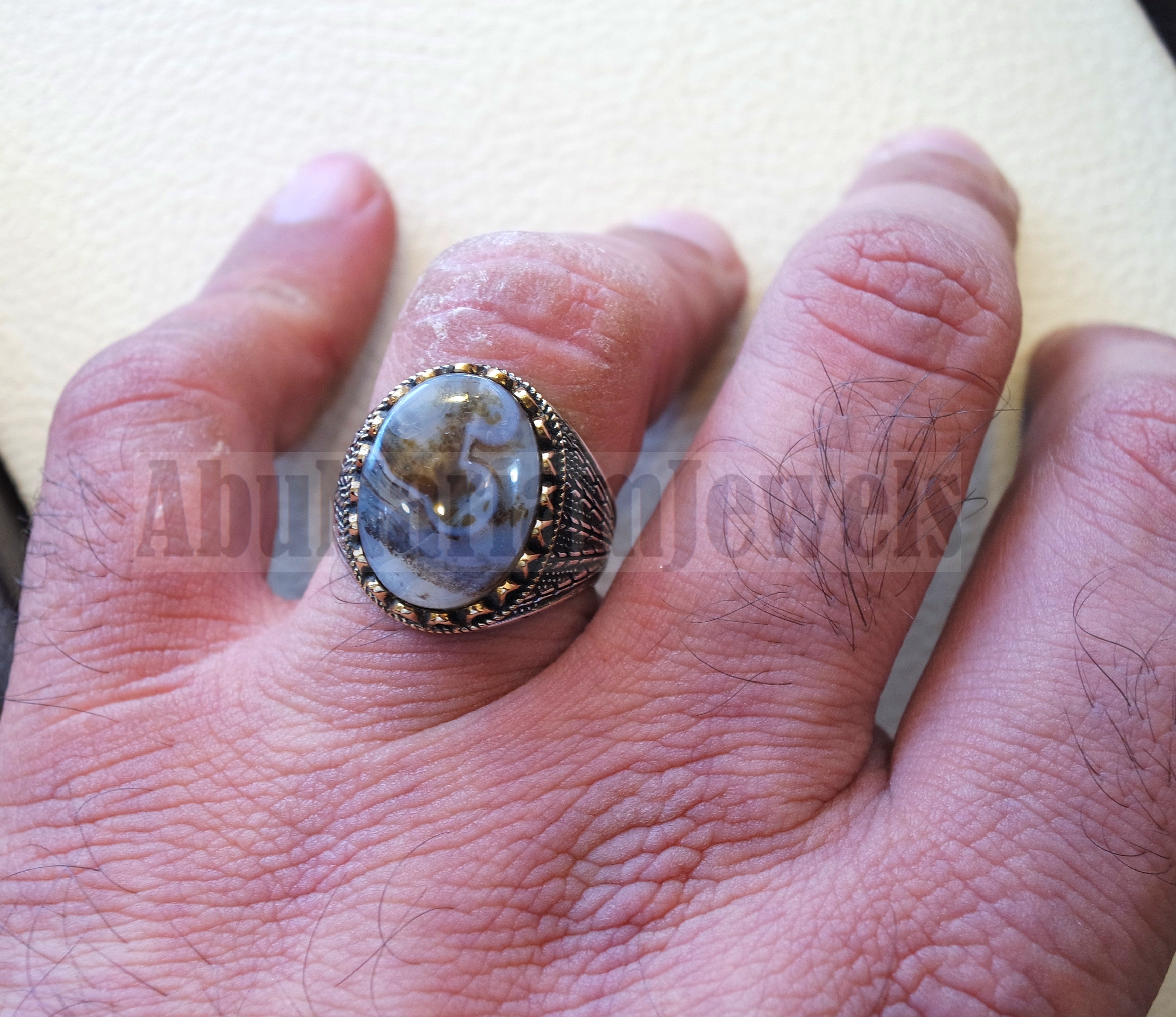 Oval yamani aqeeq natural semi precious multi color agate gem men ring sterling silver 925 and bronze jewelry all sizes  1007 عقيق يماني