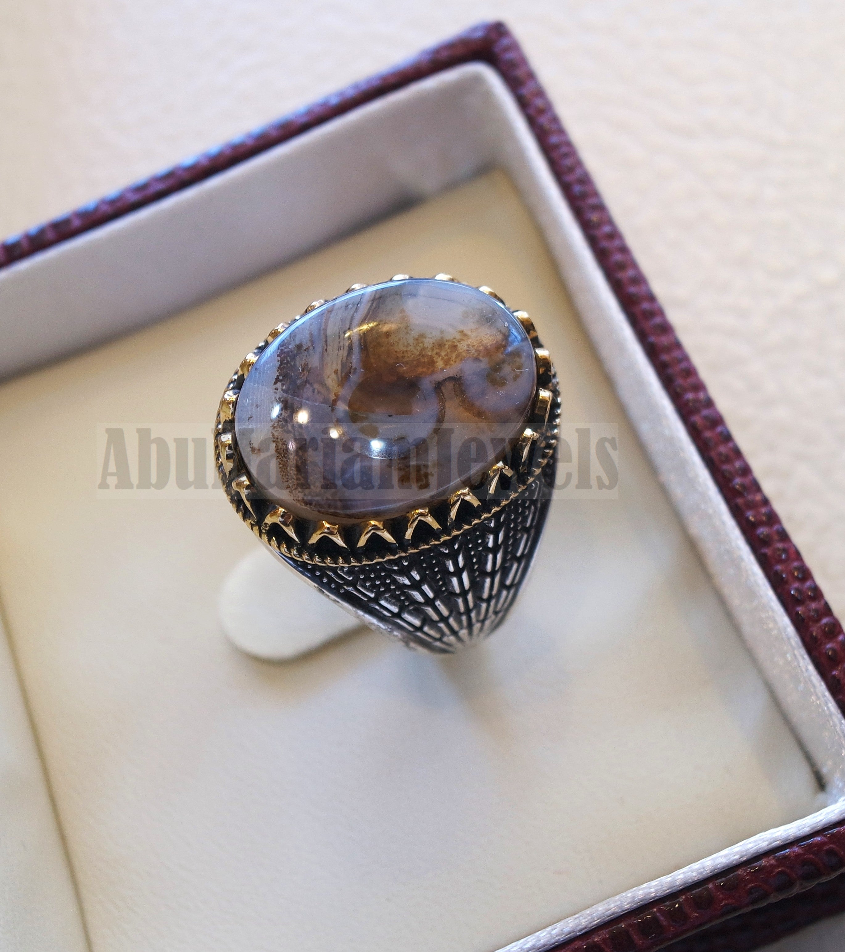 Oval yamani aqeeq natural semi precious multi color agate gem men ring sterling silver 925 and bronze jewelry all sizes  1007 عقيق يماني