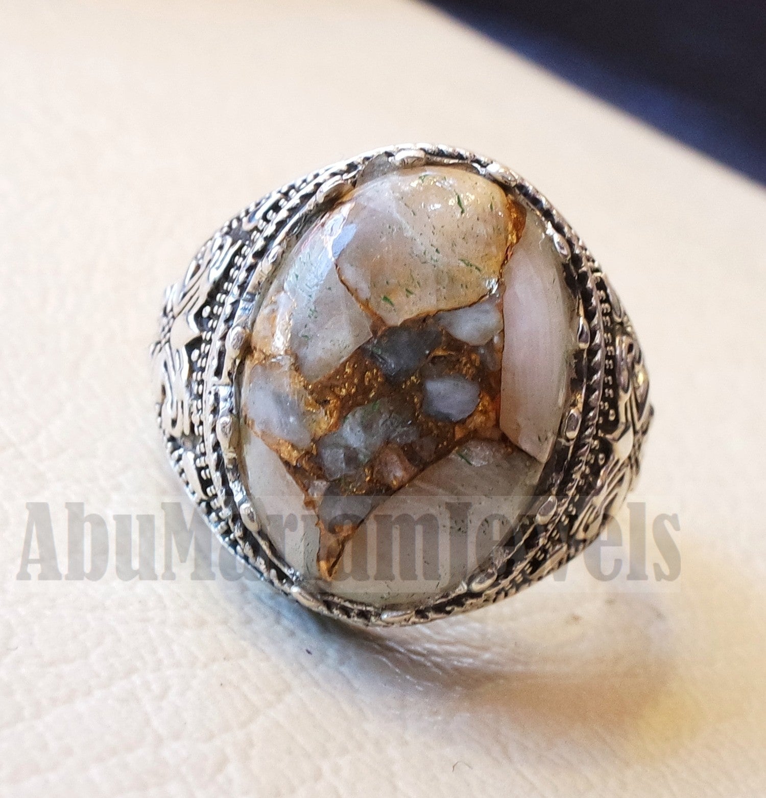 Orange copper Calcite man ring natural stone sterling silver 925 oval cabochon semi precious gem ottoman arabic style all sizes jewelry