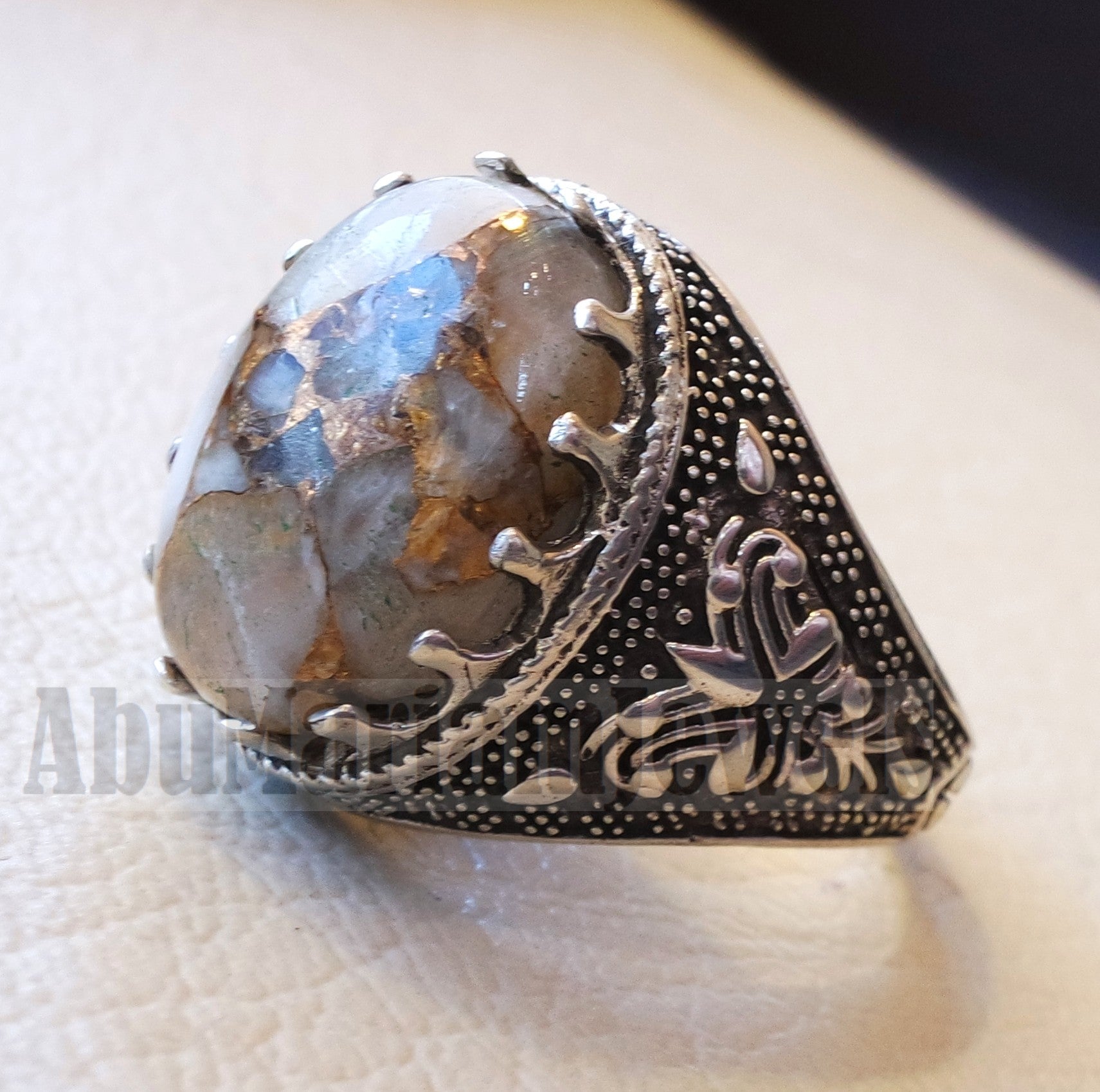 Orange copper Calcite man ring natural stone sterling silver 925 oval cabochon semi precious gem ottoman arabic style all sizes jewelry