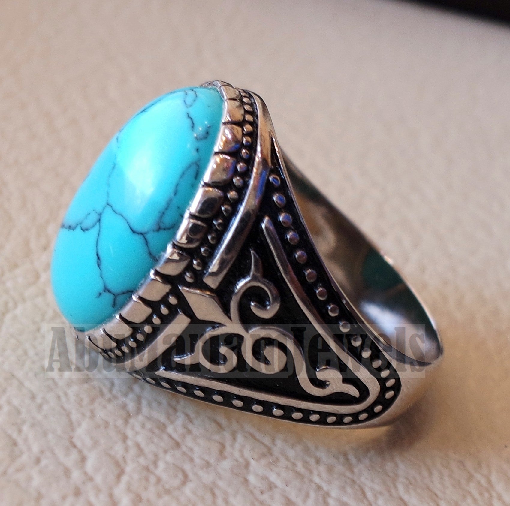 blue turquoise cabochon stone sterling silver 925 men ring vintage ottoman style jewelry oval imitation stone all sizes fast shipping