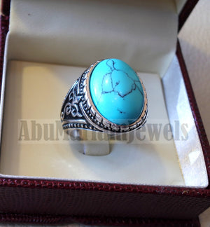 blue turquoise cabochon stone sterling silver 925 men ring vintage ottoman style jewelry oval imitation stone all sizes fast shipping