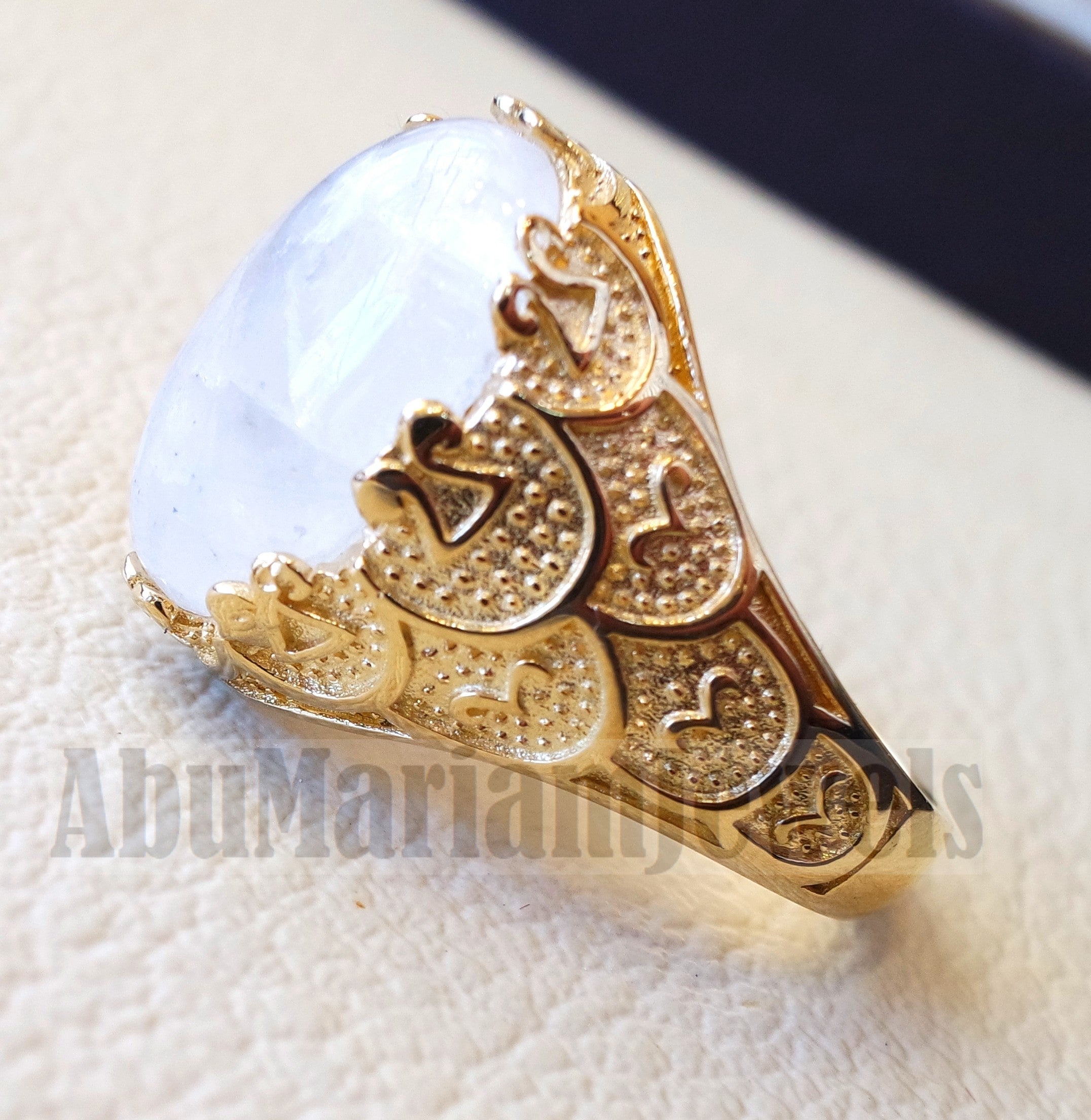 18k gold men ring moonstone energy stone high quality flashy white natural stone all sizes Ottoman signet style fine jewelry fast shipping