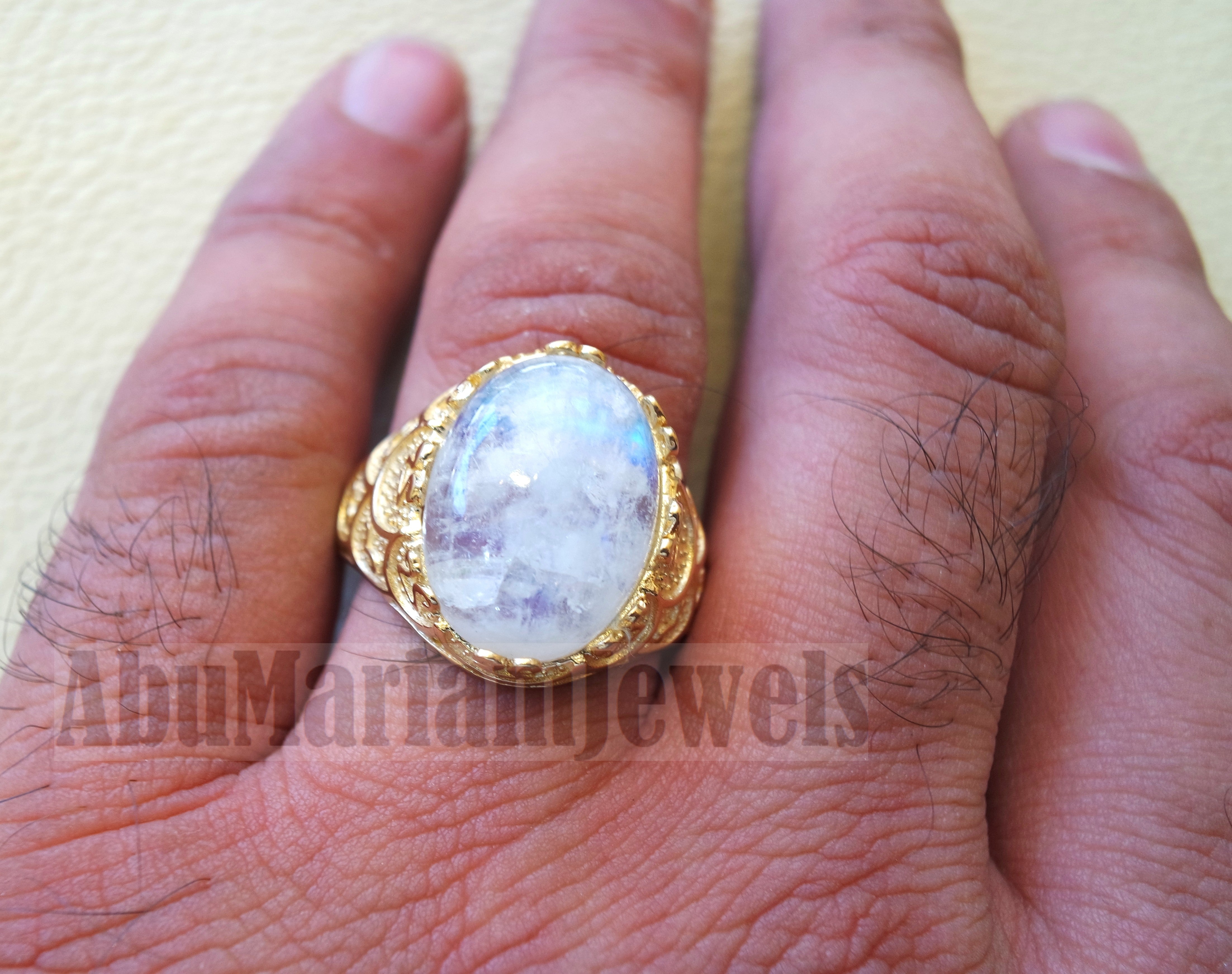 18k gold men ring moonstone energy stone high quality flashy white natural stone all sizes Ottoman signet style fine jewelry fast shipping