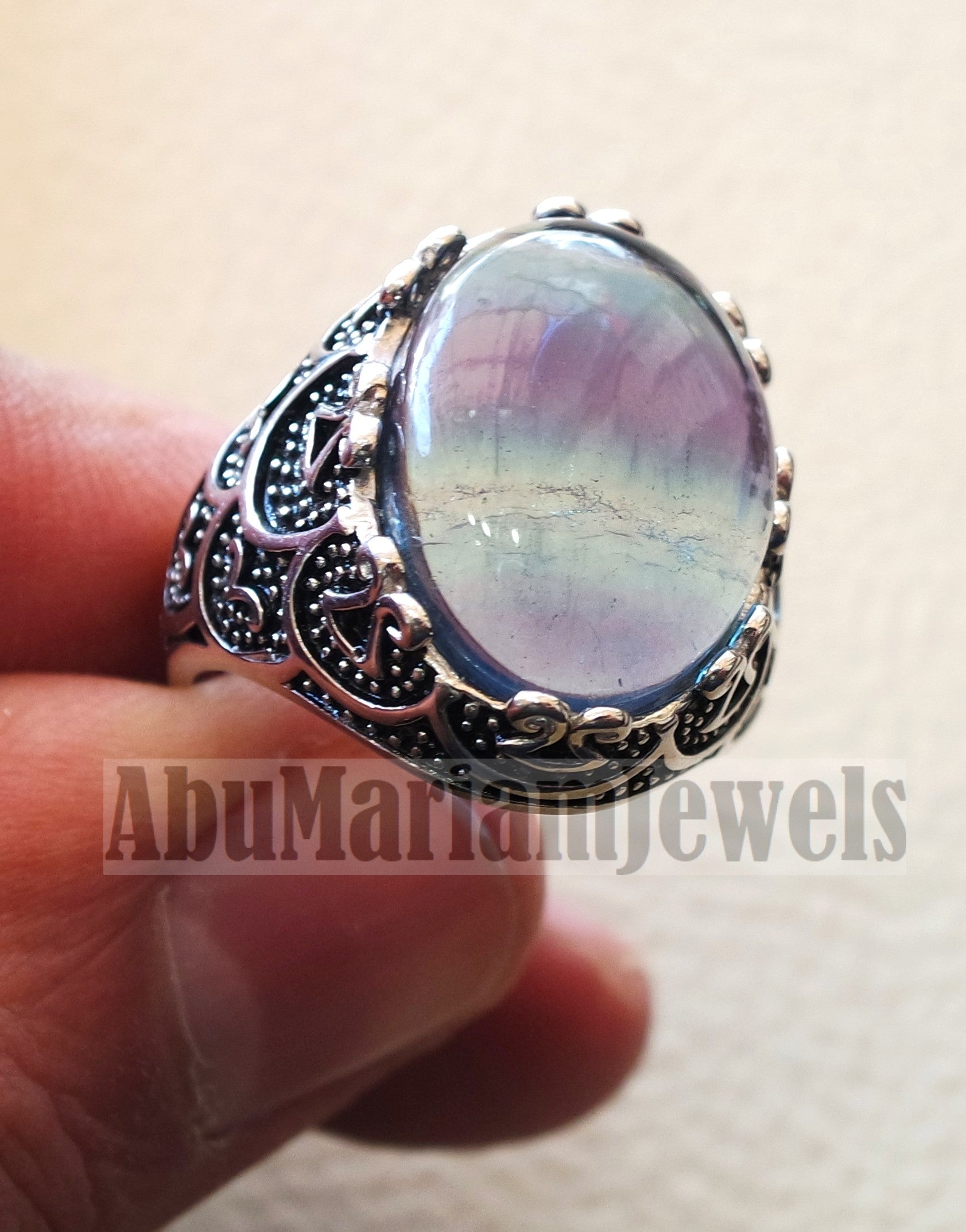 natural multi color fluorite purple blue green men ring sterling silver 925 unique stone all sizes jewelry fast shipping oxidized style