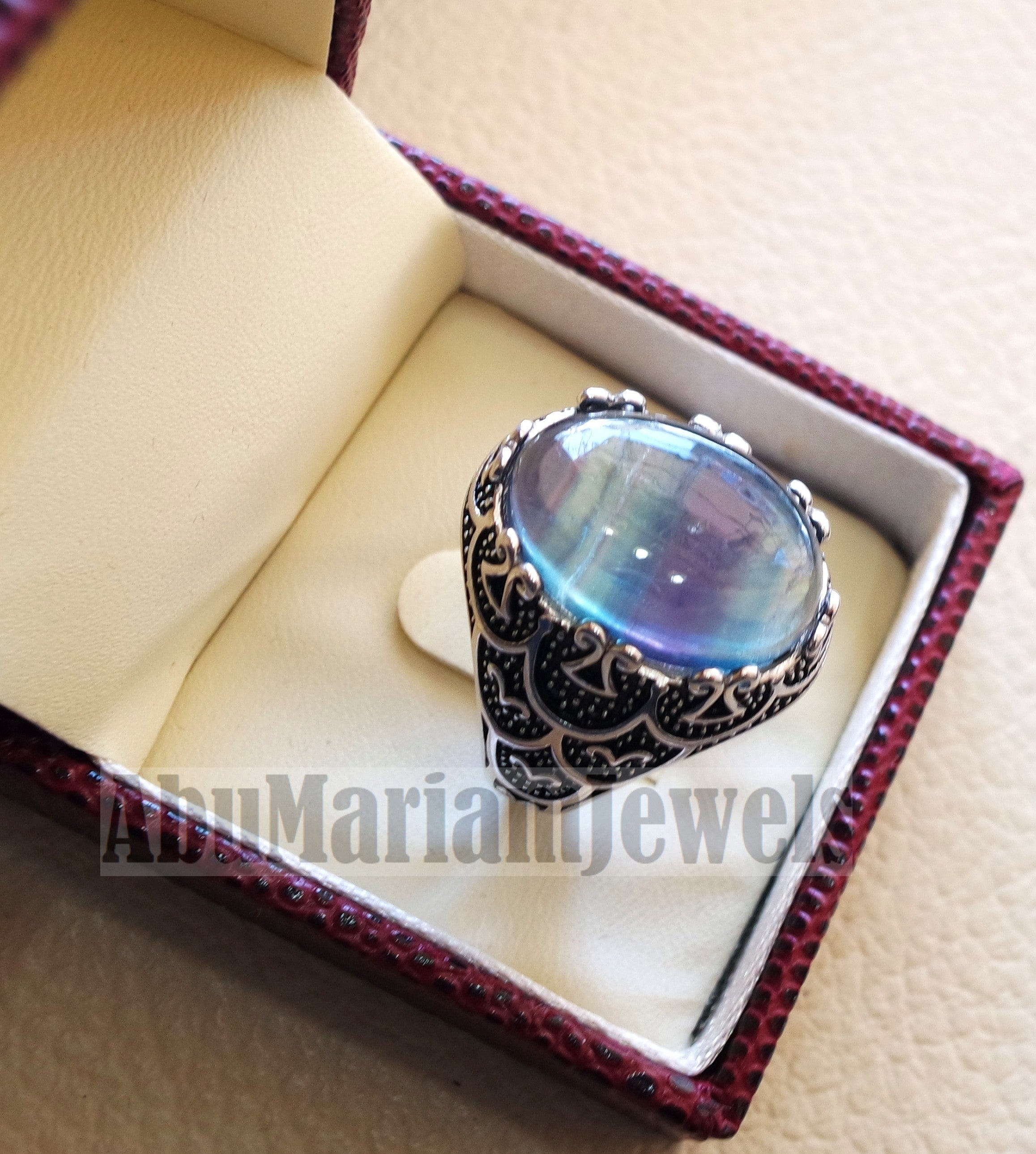 natural multi color fluorite purple blue green men ring sterling silver 925 unique stone all sizes jewelry fast shipping oxidized style